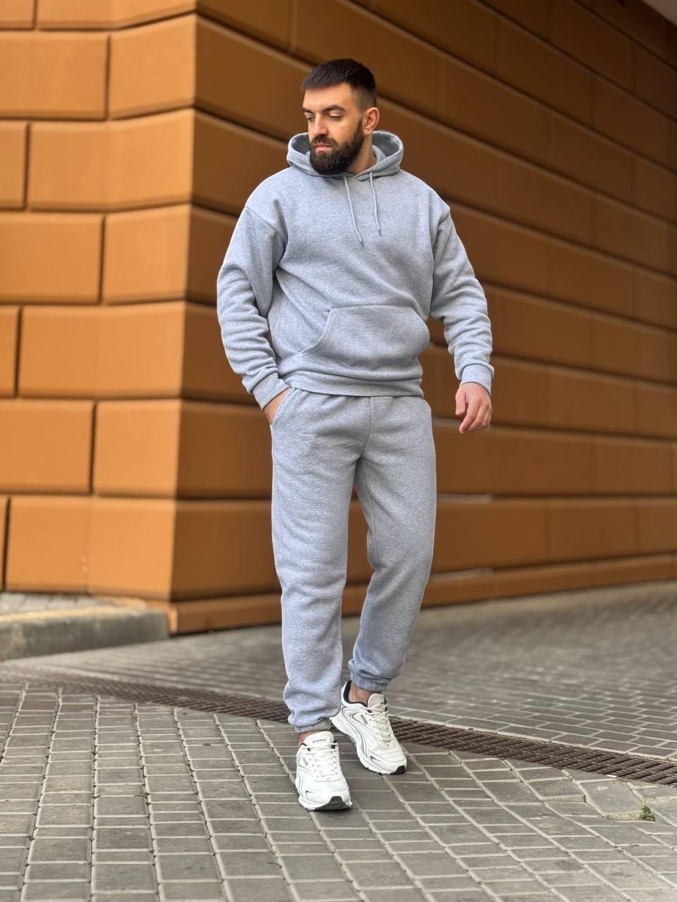 Теплий чоловічий зимовий спортивний костюм: кофта-худі з капюшоном та штани з начосом, фото 1