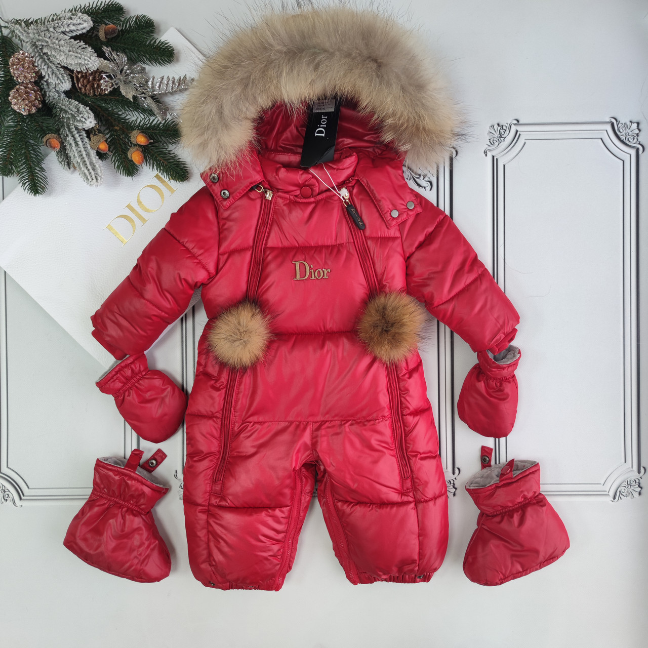 Зимовий суцільний комбінезон трансформер Діор для новонароджених, червоний