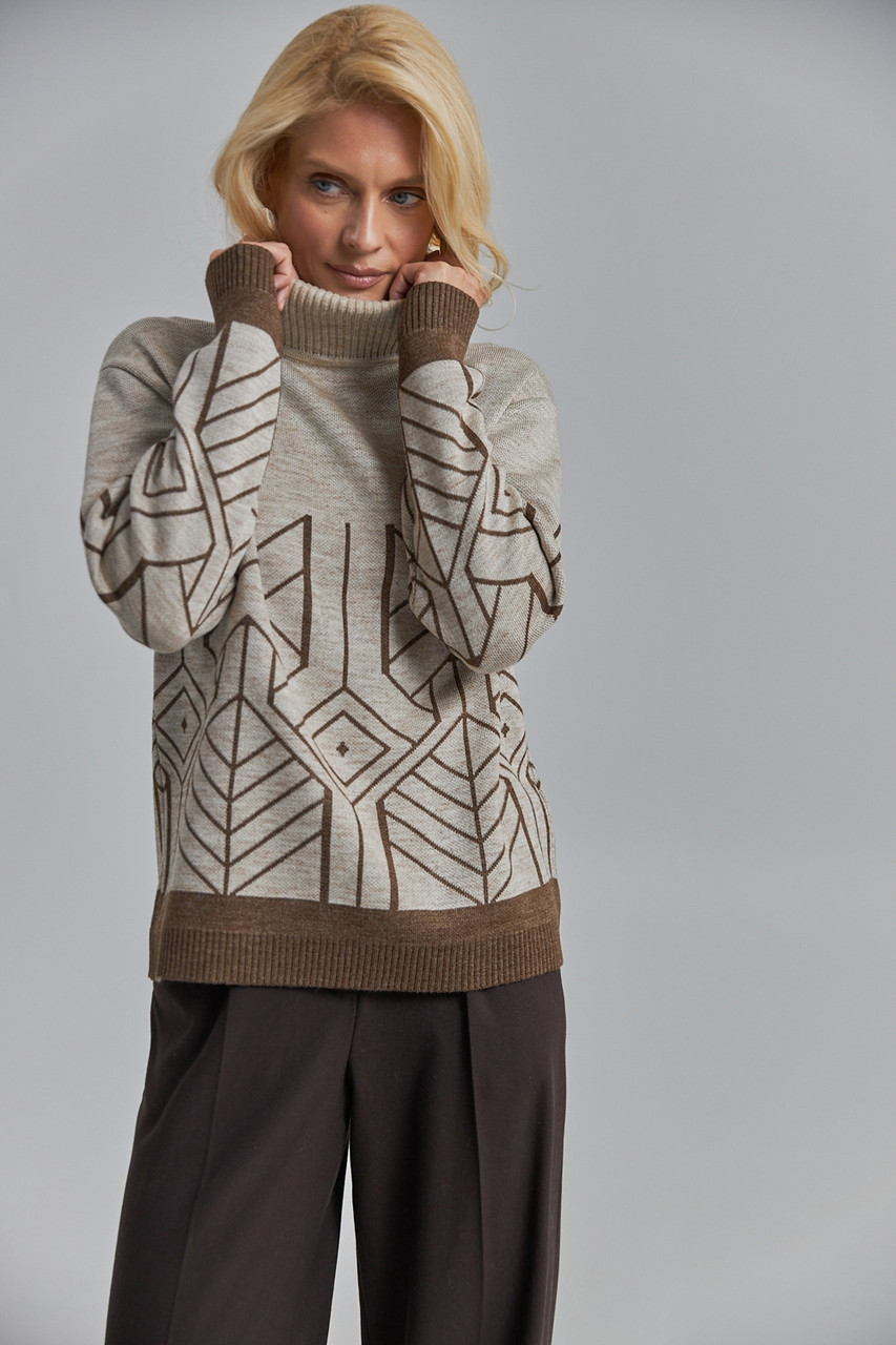Светр жіночий теплий вовняний з коміром, колір льон / бронза. Модель 2906 Trikobakh