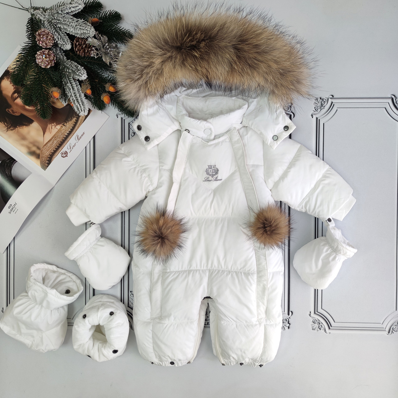 Білий суцільний комбінезон Loro Piano для новонароджених, білий комбінезон трансформер, фото 1