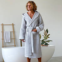Мужской домашний вафельный халат качественный однотонный из натурального хлопка с капишоном светло серого цвета