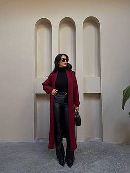 Жіночий подовжений трикотажний кардиган оверсайз м’який теплий в’язаний 42–48 бордо