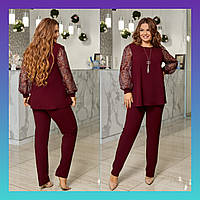 Жіночий брючний костюм батал бордовий святковий великий розмір комплект з блузою вечірній нарядний ошатний