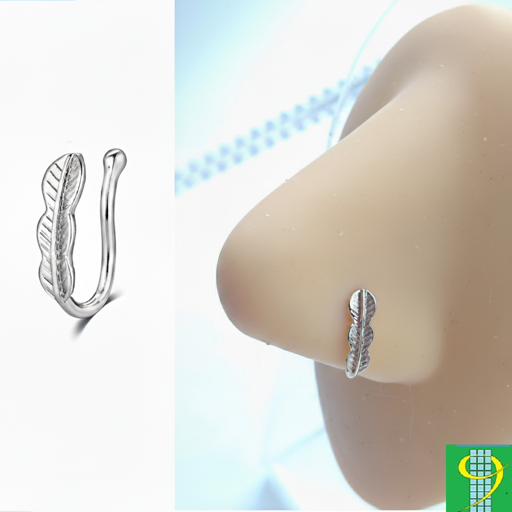 Сережка пірсинг в ніс без проколу листочок срібляста