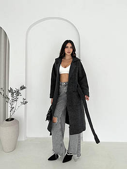 Жіночий довгий трикотажний кардиган із поясом і кишенями м’який oversize чорний