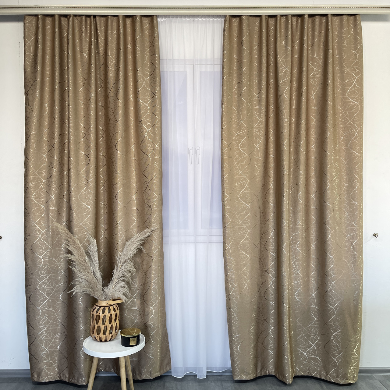 Штори льон "бите скло" кавові з білим шифоновим тюлем ALBO (SHTN-M17-20), фото 1