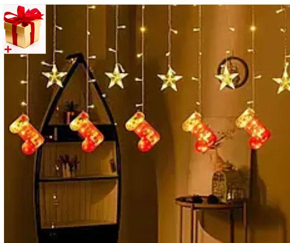 Гірлянда шторка з формами: новорічний чобіток і зірки 10 Pcs light тепла гірлянда-штора, фото 1