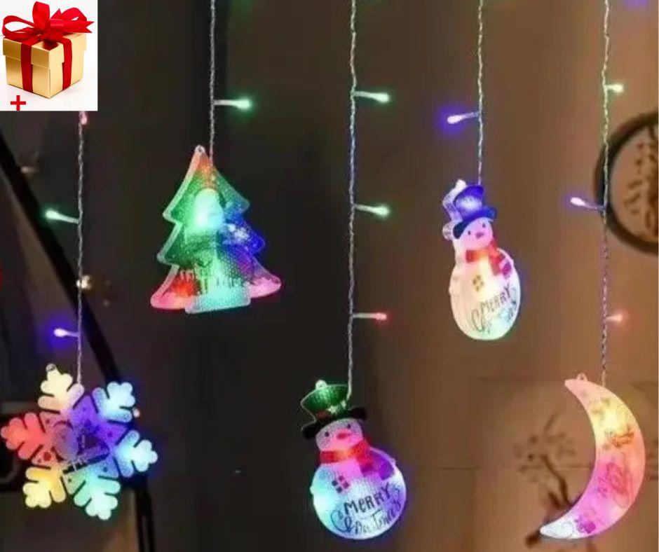 Гірлянда шторка з формами: Зірка, Сніговик, Місяць, Ялинка, Сапог 10 PCS light Кольорова гірлянда-штора, фото 1