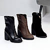 Шоколадні високі шкіряні зимові черевики ковбойки на середньому підборі, фото 10