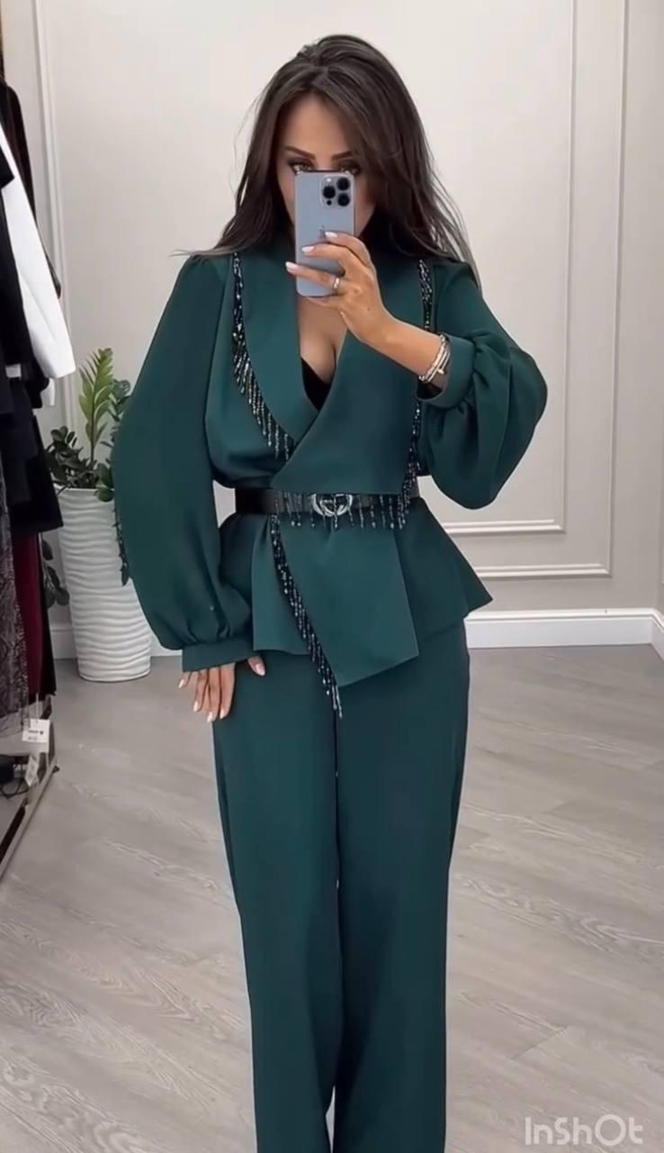 Костюм жіночий + пояс Модель: 1555-5739 Колір: чорний, ізумруд, фото 1