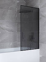 Шторка для ванни Amanda 600 x 1400 мм сіра напівпрозора Флуст ребристе скло шторка в чорному профілі без верхнього тримача