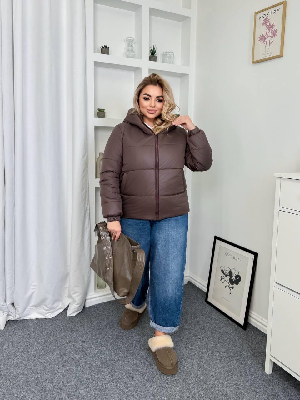 Жіноча тепла куртка великого розміру plussize 48-62 на синтепоні 200 на блискавці з капюшоном, фото 1