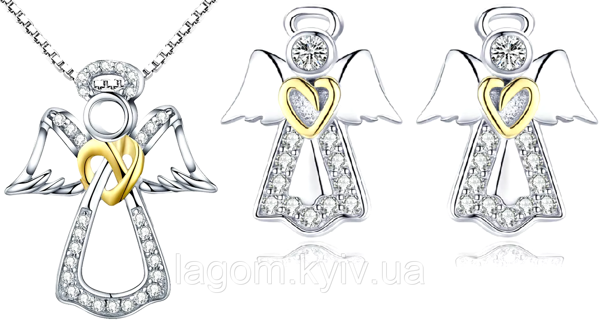 Комплект срібних прикрас "Guardian Angel" 925 проба з Ангелом-Хранителем (кулон і сережки), фото 1