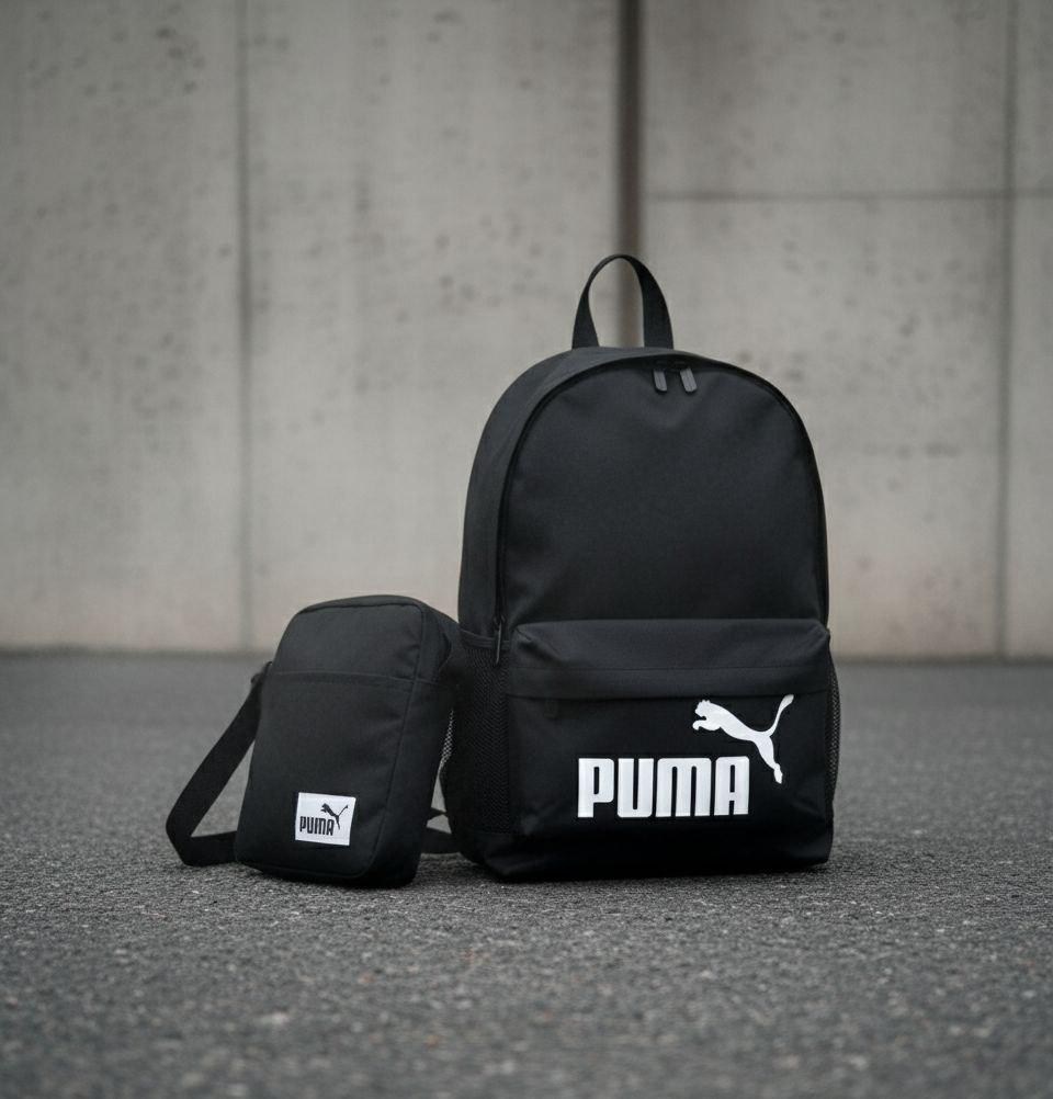 Чоловічий спортивний рюкзак Puma чорний, чоловіча сумка месенджер Пума у подарунок, фото 1