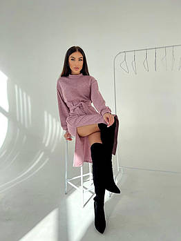 Жіноча тепла сукня з турецької двосторонньої ангори люкс із тканинним поясом 42–46, 48–50 пудра