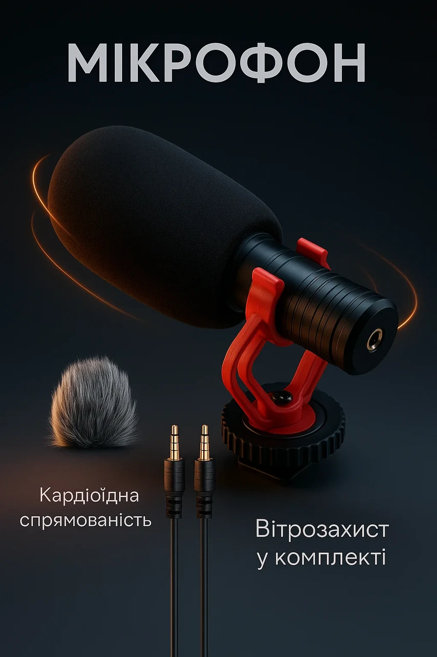 Мікрофон Andoer кардіоїдний конденсаторний для камери та смартфона з антивібраційним кріпленням і вітрозахистом, фото 1