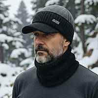 Комплект шапка і снуд чоловічий чорний, набір зимовий в'язаний теплий для чоловіків