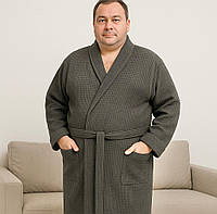 Вафельный унисекс халат для домашнего отдыха больших размеров с длинными рукавами без капюшона серого цвета