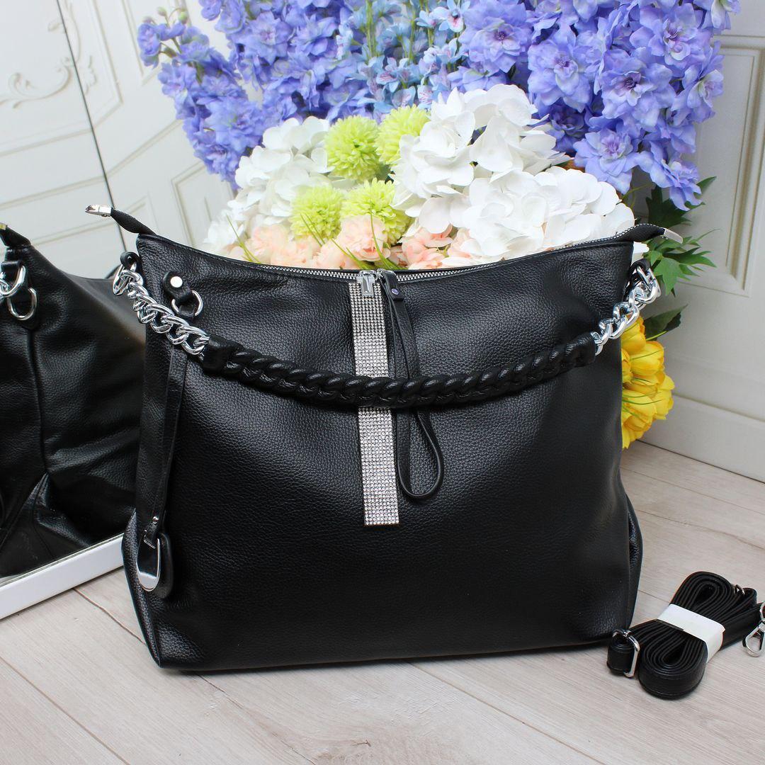 Велика жіноча сумка-мішок м'якої форми красива модна чорна екошкіра