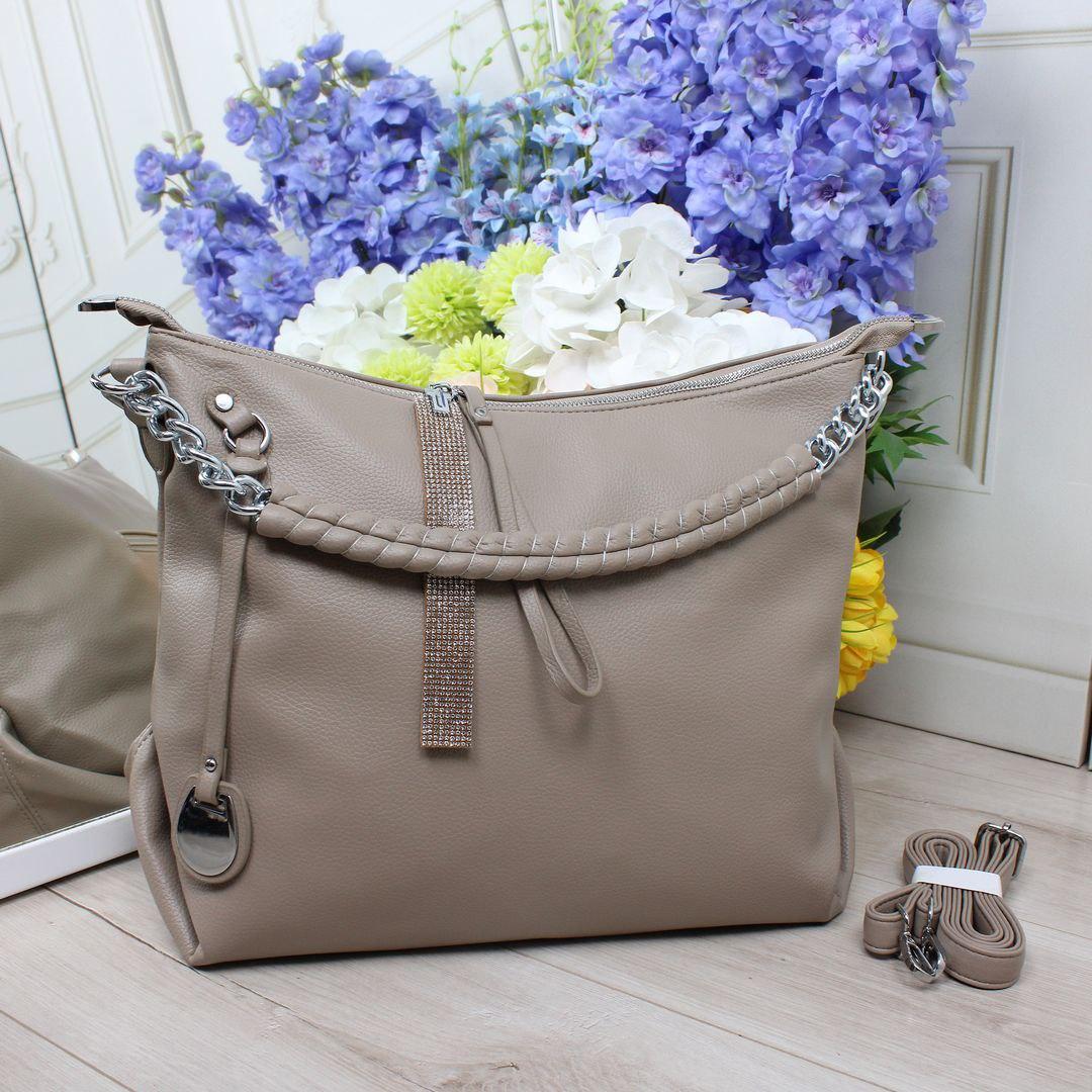 Велика жіноча сумка-мішок м'якої форми красива модна бежева екошкіра