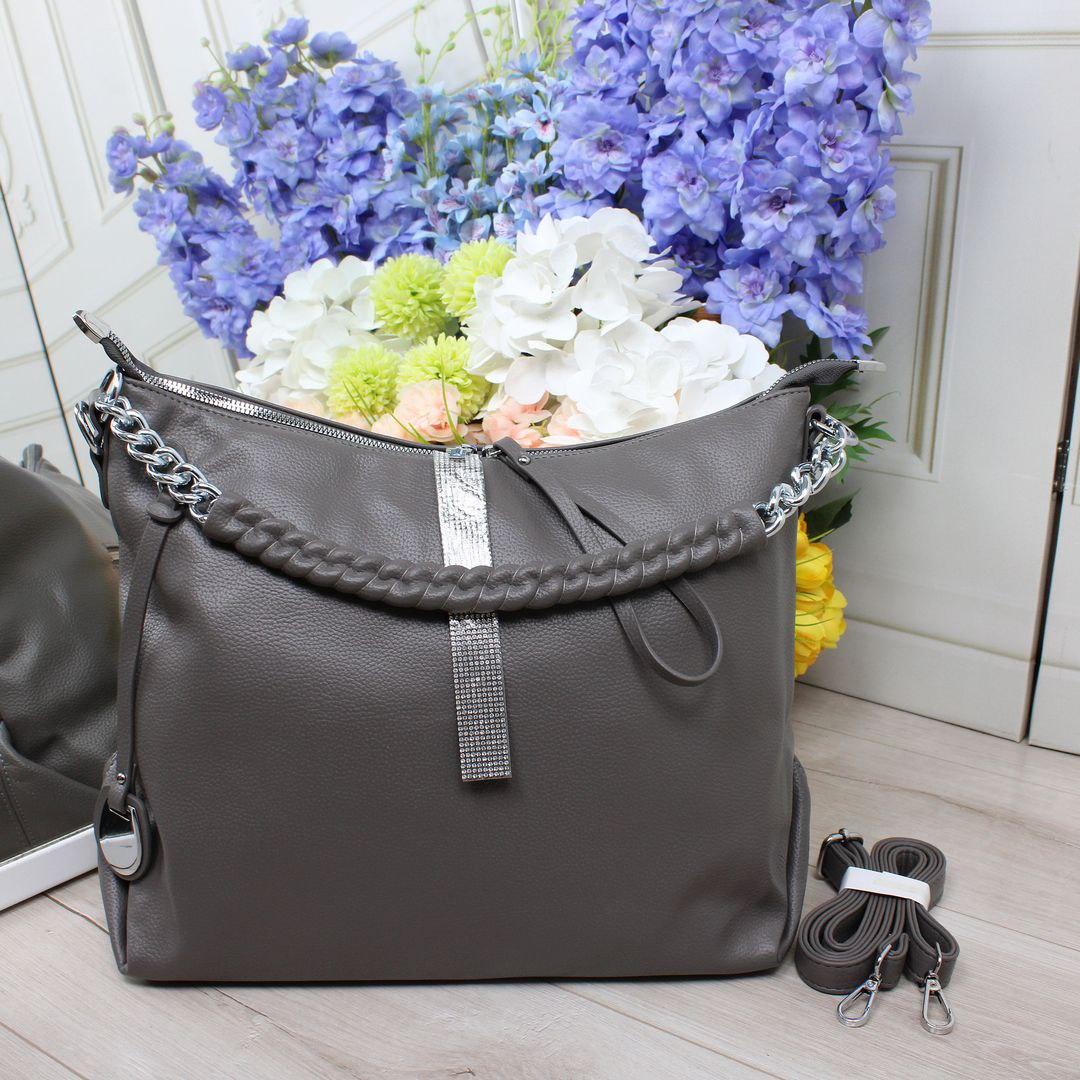 Велика жіноча сумка-мішок м'якої форми красива сіра модна екошкіра