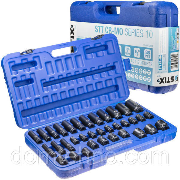 Ударні головки 1/2" довгі та короткі, набір із 35 штук у кейсі (від 8 до 32 мм) STT CR-MO СЕРІЯ 10 — Stix Tool