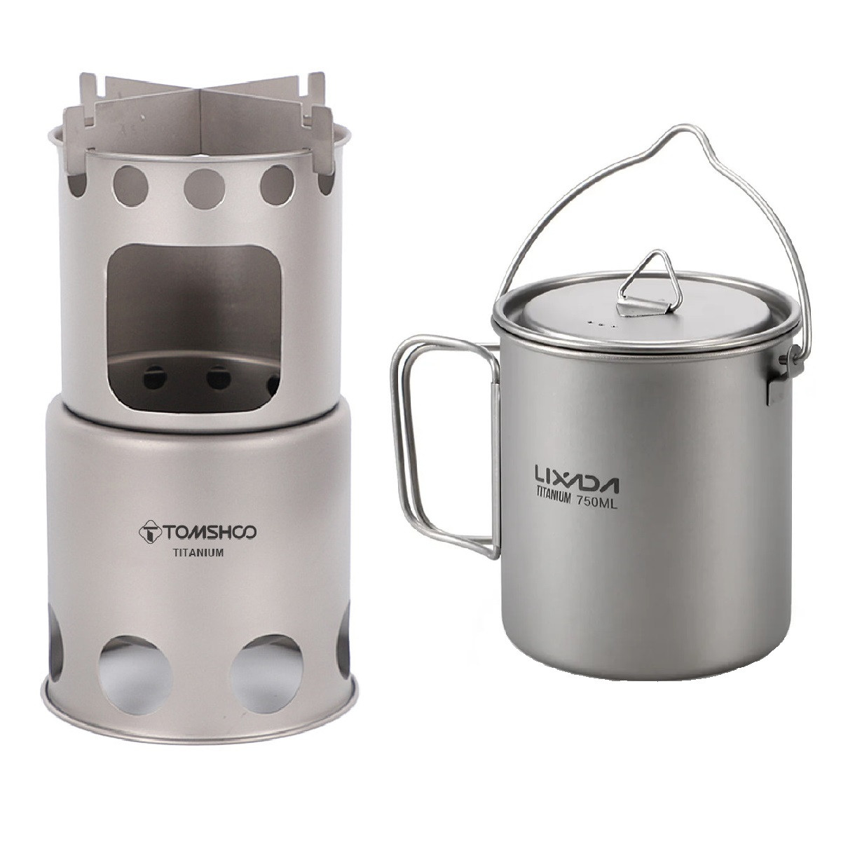 Титанова піч щепочниця туристична Tomshoo та титановий казанок Lixada titanium 750 мл зі складними ручками для походу туризму, фото 1