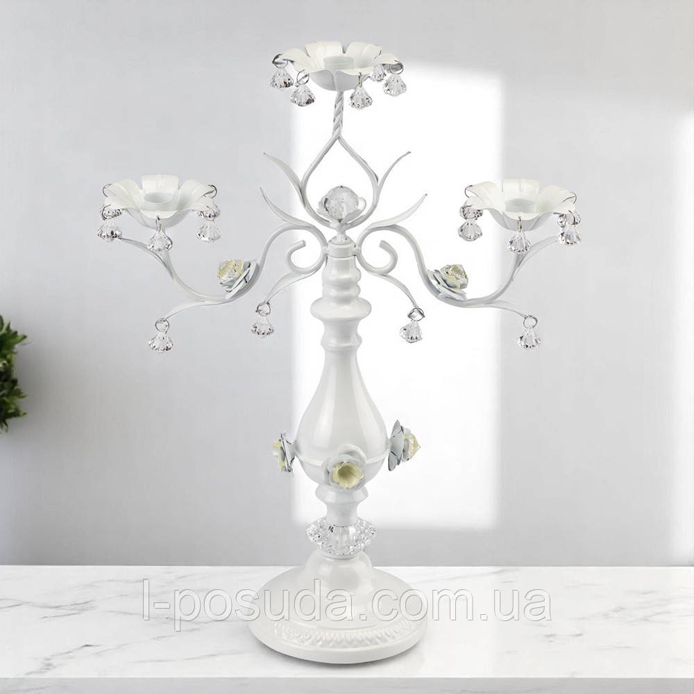 Свічник на 3 свічки з кристалами висотою 50 см - витончений канделябр для декору та весілля, фото 1