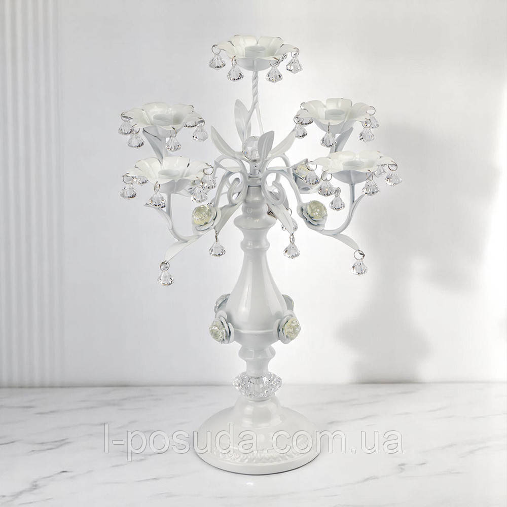Канделябр на 5 свічок з кристалами 50 см - розкішний свічник для весілля та інтер'єру, фото 1