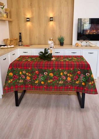 Скатертина новорічна лляна 150х180 см Ялинкова гірлянда, фото 1