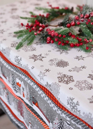Скатертина новорічна лляна 150х220 Сніговик
