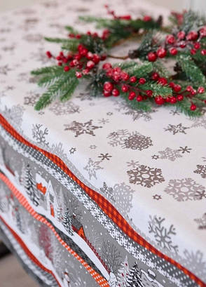 Скатертина новорічна лляна 150х220 Сніговик, фото 1