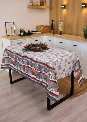 Скатертина новорічна лляна 150х180 см Сніговик, фото 1