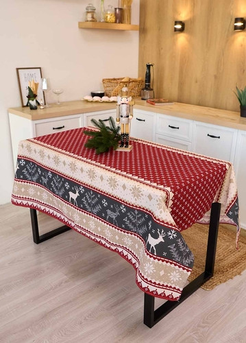 Скатертина новорічна лляна 150х220 Північні олені