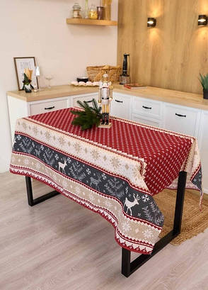 Скатертина новорічна лляна 150х220 Північні олені, фото 1