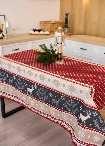 Скатертина новорічна лляна 150х150 Північні олені