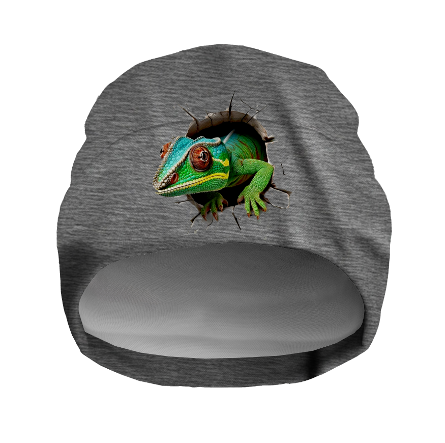 Шапка біні "Хамелеон ящірка вилазить з дірки" унісекс з принтом ВСІ розміри, фото 1