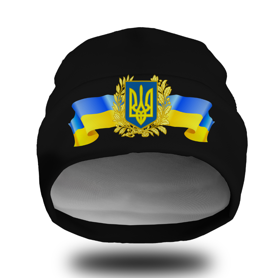 Шапка біні "Тризуб герб України прапор 3" унісекс з принтом ВСІ розміри, фото 1