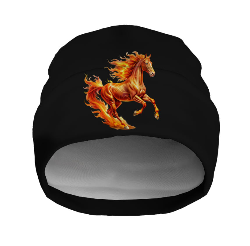 Шапка біні "Новорічна різдвяна з конем Вогняний кінь 2" унісекс з принтом ВСІ розміри, фото 1