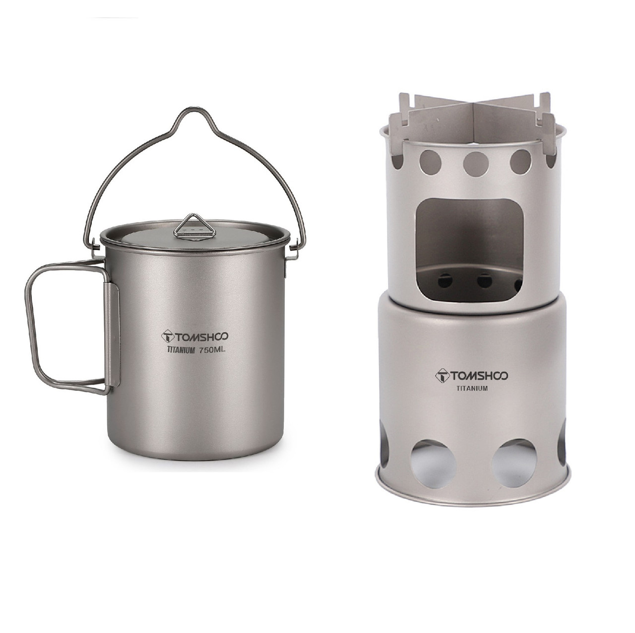 Титанова піч щепочниця туристична Tomshoo та титановий казанок titanium 750 мл зі складними ручками для походу туризму, фото 1