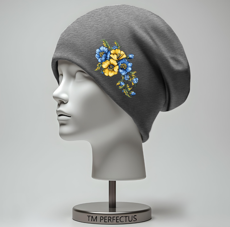 Шапка біні "Жовто блакитні квіти 5" унісекс з принтом ВСІ розміри, фото 1