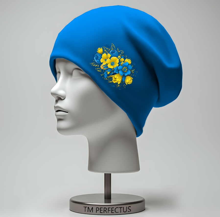 Шапка біні "Жовто блакитні квіти 4" унісекс з принтом ВСІ розміри, фото 1