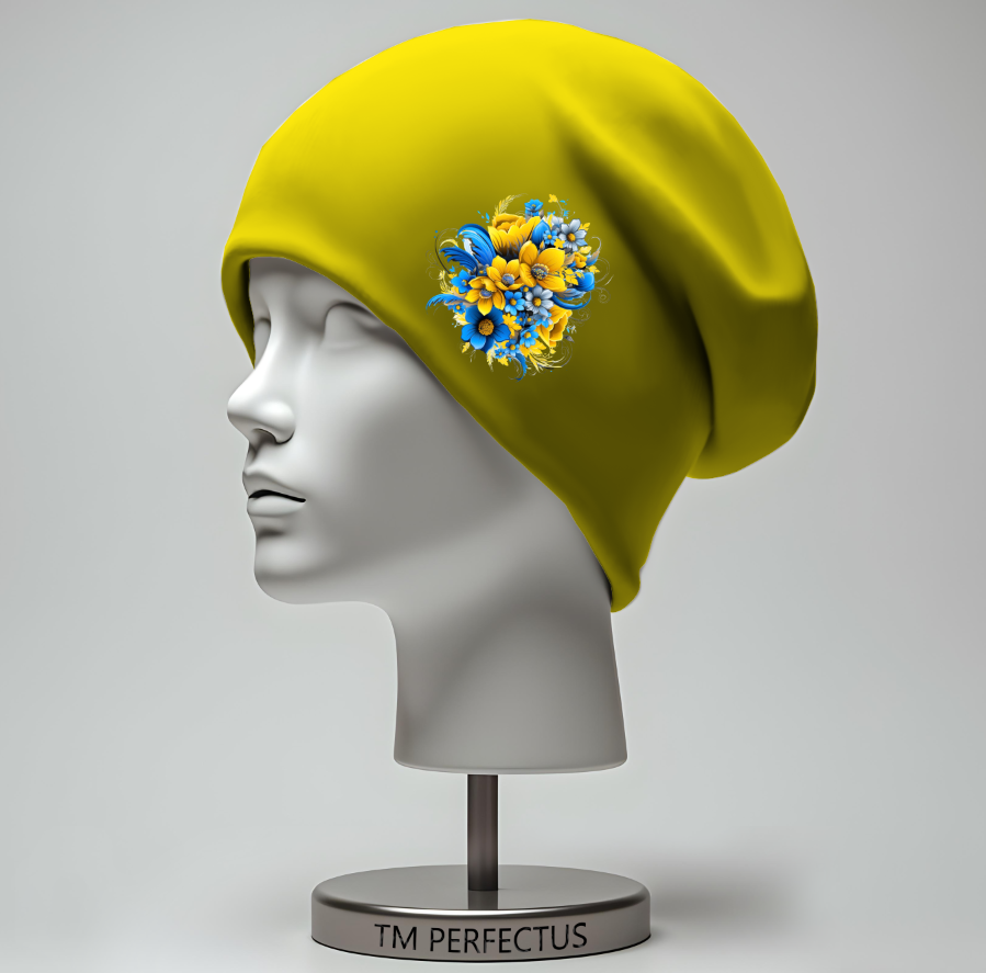 Шапка біні "Жовто блакитні квіти 2" унісекс з принтом ВСІ розміри, фото 1