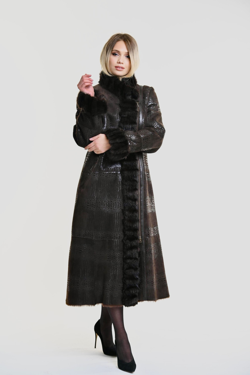 Дублянка натуральна жіноча довга з хутром норки коричнева XL