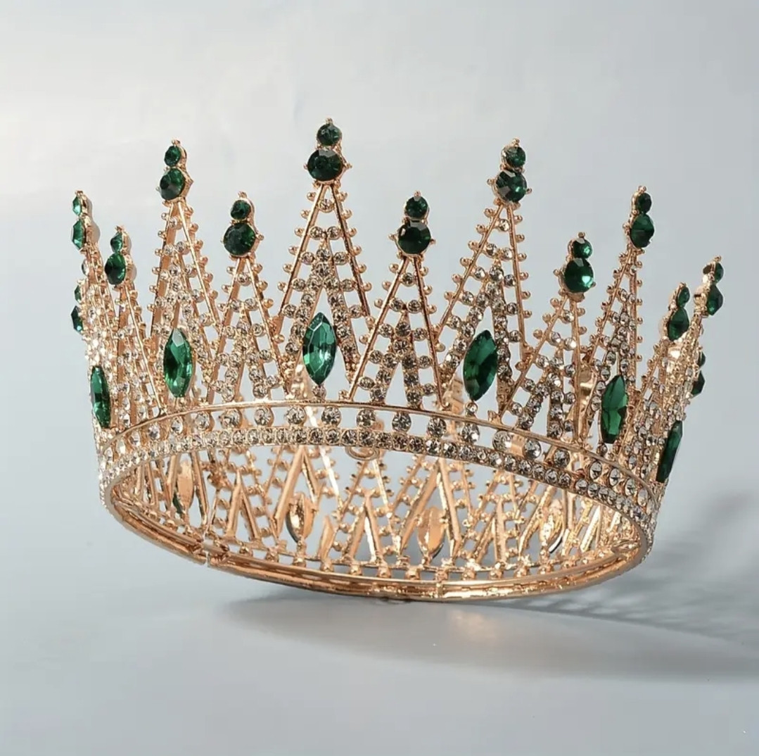 Корона із зеленим камінням Swarovski Золото 13х7 см Діадема з камінням для урочистостей, фото 1