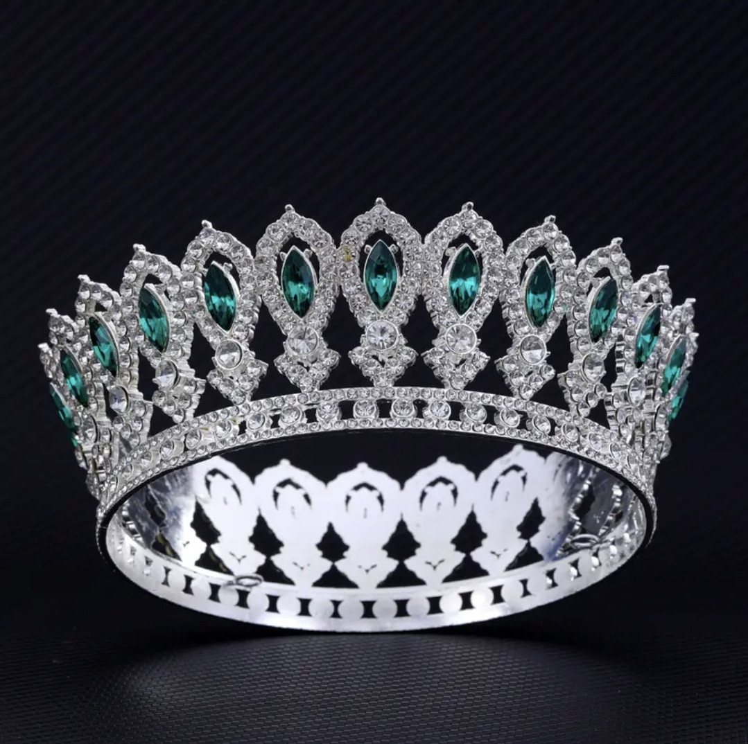 Корона із зеленим камінням Swarovski Золото 14х6.3 см Елегантна корона для весільної зачіски, фото 1