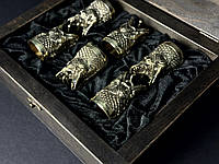 Рибальські чарки з бронзи "Щуки" у буковому кейсі, 6 шт. Незвичайний подарунок чоловікові на день народження.