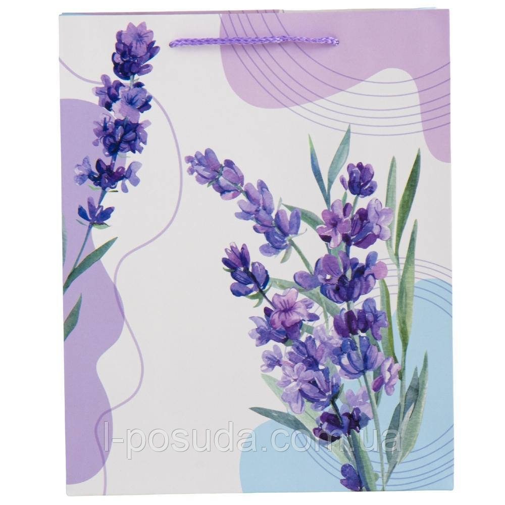 Подарунковий пакет «Лаванда» 18×23 см – паперовий, з ручками, квітковий принт 12 шт упаковка, фото 1