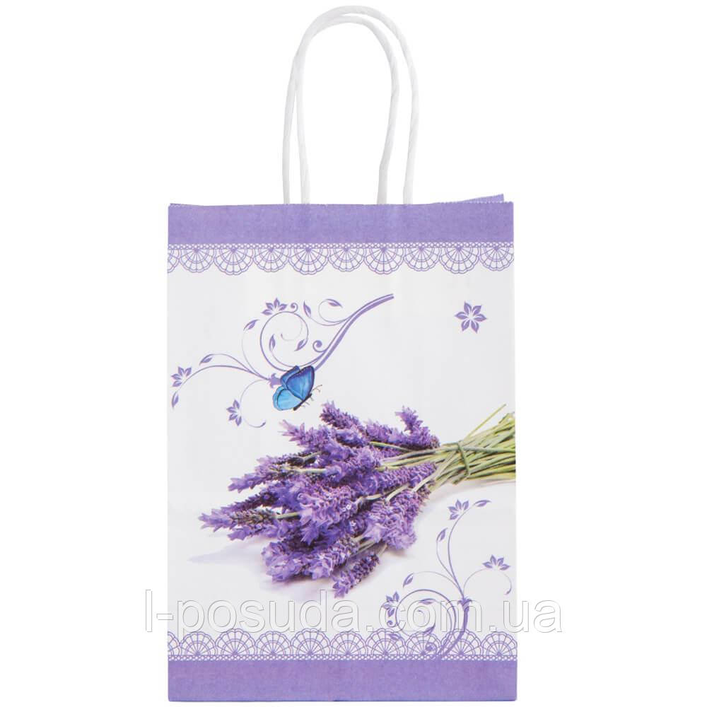 Подарунковий пакет Lavender, 21×15×8 см, паперовий, з лавандовим малюнком та зручними ручками 12 шт, фото 1
