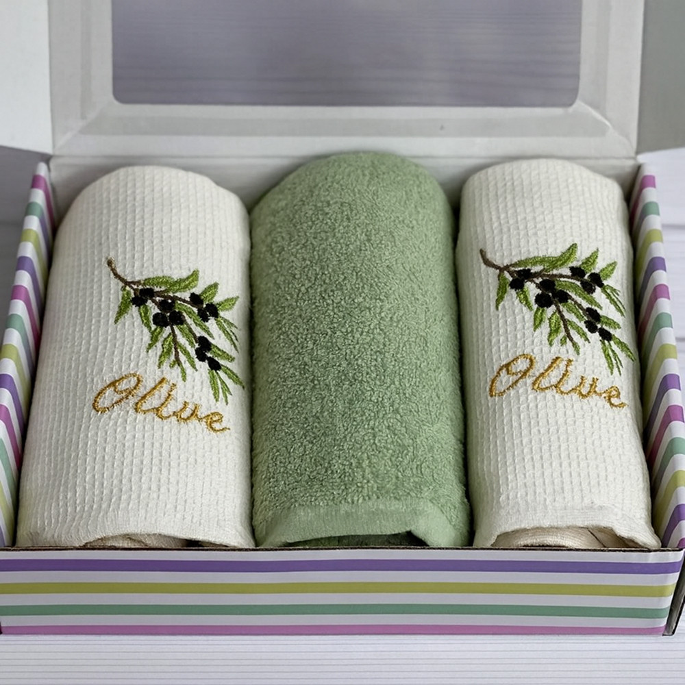 Комплект рушників 3шт, 40x60см, Suvari Olive / Набір кухонних рушників / Рушник махровий, рушники вафельні, фото 1
